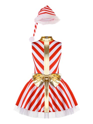 HULIJA Kinder Mädchen Weihnachtskostüm Ärmellos Zuckerstangen Kleid mit Weihnachtsmütze Streifen Tütü Kleid Tanzkleid Cosplay Rot 134-140 von HULIJA