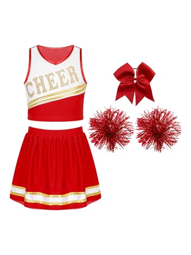 HULIJA Mädchen Cheer Leadering Kostüm Halloween Ärmellos Crop Top + Minirock + Pompoms + Kopfbedeckung Party Cosplay Verkleidung B Rot 158-164 von HULIJA