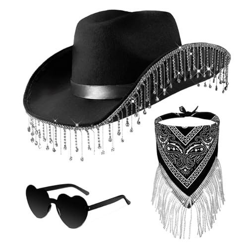 Cowgirl Kostüm Damen Cowgirl Hut und Schal Sets mit Herzbrille Strass Quasten Cowgirl Hut Pink Cowgirl Kostüm Pink Karneval Cowgril Hut Kostümzubehör von HUNYA