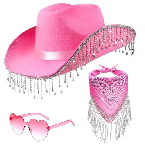 Cowgirl Kostüm Damen Cowgirl Hut und Schal Sets mit Herzbrille Strass Quasten Cowgirl Hut Pink Cowgirl Kostüm Pink Karneval Cowgril Hut Kostümzubehör von HUNYA