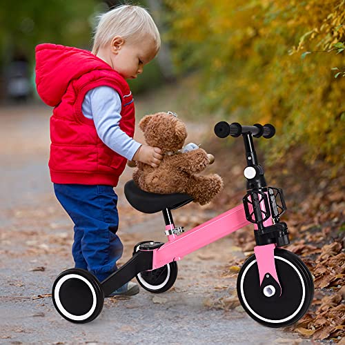 2 in 1 Kinder Dreirad & Laufrad & Balance Bike mit verstellbarem Sitz und Lenker, Kinder Tricycle mit abnehmbaren Pedalen, für Kinder von 1-3 Jahre alt-2 in 1 (rosa) von HUOLE