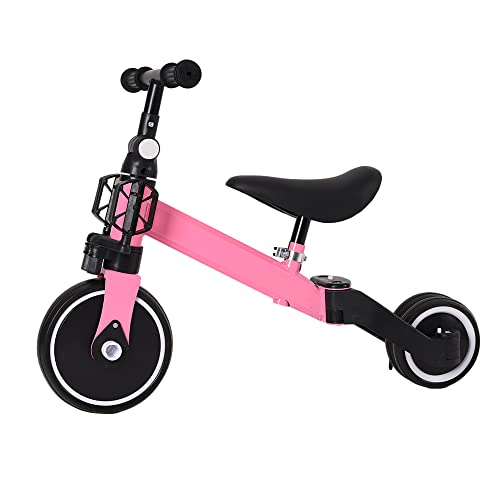 2 in 1 Kinder Dreirad & Laufrad & Balance Bike mit verstellbarem Sitz und Lenker, Kinder Tricycle mit abnehmbaren Pedalen, für Kinder von 1-3 Jahre alt-2 in 1 (rosa) von HUOLE