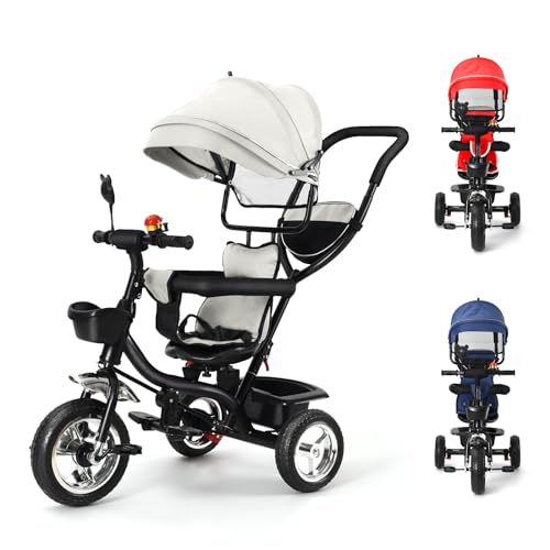 Kinderdreirad Tricycle für Kinder ab 12 Monate bis 5 Jahren mit Abnehmbarer Sonnendach&Schubstange Dreiräder,Jogger, mit Dachfenster, Sicherheitsgurte, 360 Grad Drehbar(4 in 1 (Hellgrau)) von HUOLE