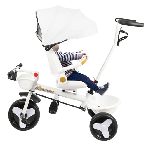 Dreirad-Kinderwagen mit Pedal, 4-in-1, erweiterbares Dreirad für Kinder, Dreirad mit Pedal, Sonnenblende, faltbar, abnehmbar, und verstellbarer Elternstock, 100 x 75 x 50 cm, Weiß Dreirad-Kinderwagen mit Pedal, 4-in-1, erweiterbares Dreirad für Kinder, Dreirad mit Pedal, Sonnenblende, faltbar, abnehmbar, und verstellbarer Elternstock, 100 x 75 x 50 cm, Weiß von HUOLE