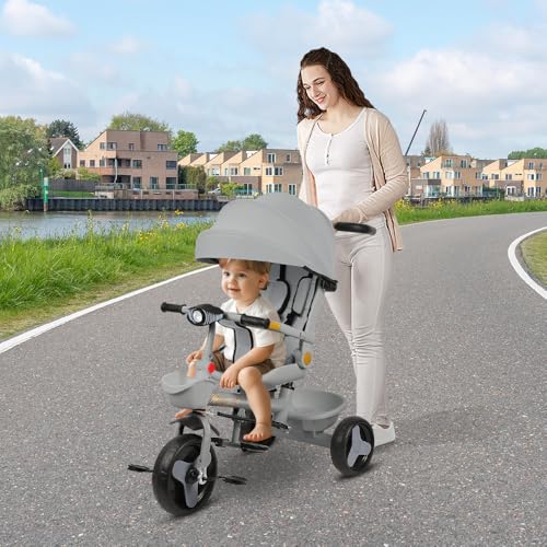 Dreirad für Kinder, mitwachsend, mit wendbarem Sitz, Baby-Dreirad mit verstellbarem Schiebegriff, Kleinkindfahrrad, Laufrad, wendbarer Sitz, 100 x 75 x 50 cm, Grau Dreirad für Kinder, mitwachsend, mit wendbarem Sitz, Baby-Dreirad mit verstellbarem Schiebegriff, Kleinkindfahrrad, Laufrad, wendbarer Sitz, 100 x 75 x 50 cm, Grau von HUOLE