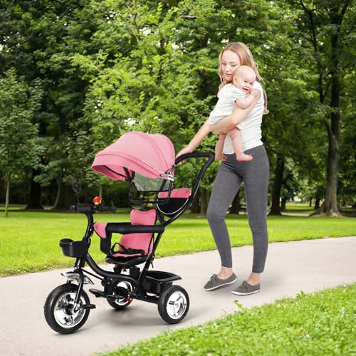 HUOLE Dreirad mit Schubstange, Kinderdreirad, Laufrad ab 1 Jahre,Mit Schiebebügel + Markise & abnehmbaren Fußstützen & umkehrbarem Sitz, Anti-Blast-Gummireifen-4 in 1 (rosa) von HUOLE