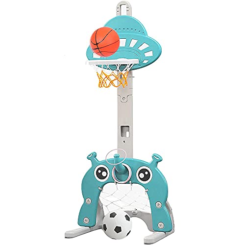 3 in 1 Kinder Spielplatz Höhenverstellbarer Basketballkorb, Fußballtor, Golf Kinder Basketballkorb Outdoor & Innen Tragbar Sportaktivitätscenter (55 * 58 * 146cm - Hellblau) von HUOLE