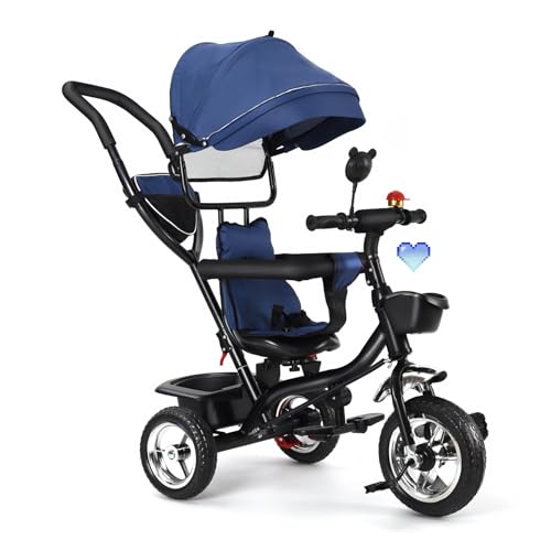 HUOLE 4 in 1 Kinderdreirad Tricycle für Kinder ab 12 Monate bis 5 Jahren mit Abnehmbarer Sonnendach&Schubstange Dreiräder,Jogger, mit Dachfenster, Sicherheitsgurte, 360 Grad Drehbar, Freilaufrad von HUOLE