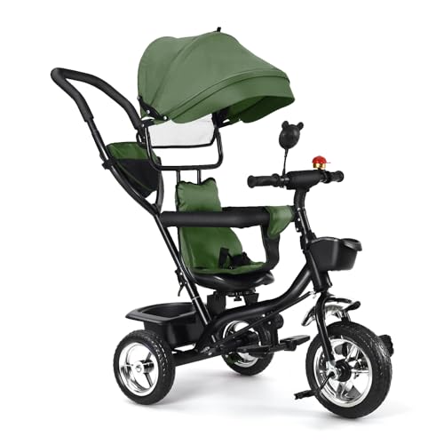 HUOLE Kinderdreirad Tricycle für Kinder ab 12 Monate bis 5 Jahren mit Abnehmbarer Sonnendach&Schubstange Dreiräder,Jogger, mit Dachfenster, Sicherheitsgurte, 360 Grad Drehbar4 in 1 (grün) von HUOLE
