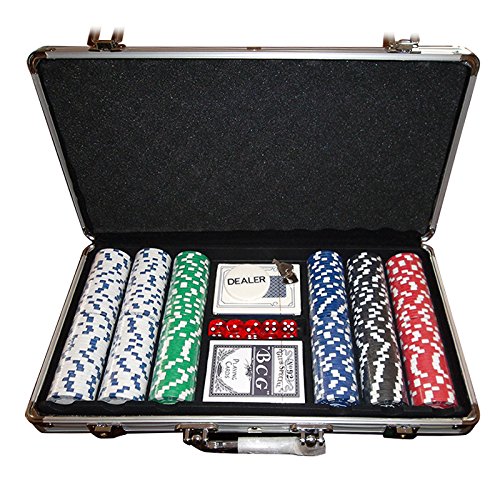 HUOLE Pokerset mit 300 Laser Pokerchips Pokerkoffer Komplett Set Pokerkarten Zubehör inkl. 2X Pokerdecks, 5X Würfel, 3X Dealer Button, Poker, Pokerchips, Koffer, Jetons von HUOLE
