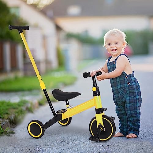 Dreirad für Kinder von 1 – 3 Jahren, erstes Gleichgewichtstrainingsfahrrad, 3-in-1-Fahrrad, mit Pedal, Geschenk für Mädchen, Jungen, leicht, Elternstock, 3-in-1 (Gelb) von HUOLE