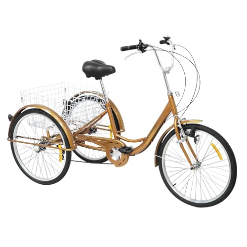 HUOMMGS 6-Gang Erwachsene Dreirad 24 Zoll Lastenfahrrad mit 25KG Max Einkaufskorb Höhenverstellbar Einkaufsdreirad Upgraded 3-Rad Fahrrad Senioren Dreirad Fahrrad mit Kotflügel und Licht (Gold) von HUOMMGS