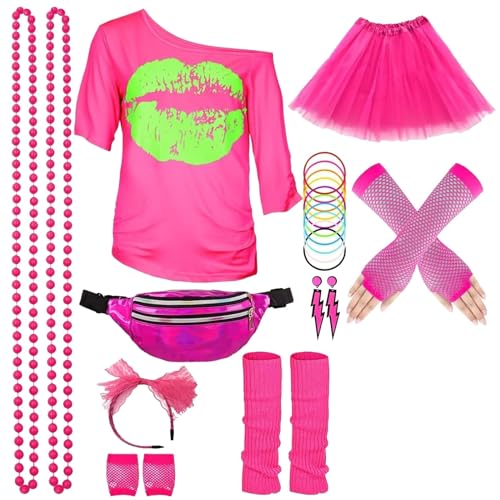 80er 90er Jahre Outfit Damen Karneval Netzshirt Damen Neon Stirnband, Ohrring, Halskette 80er Jahre Kleidung Kostüm Hippie Kostüm Set Damen Neon Aerobicbekleidung Theme Neon Party Karneval Fasch von HUOQI