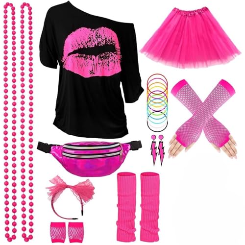 80er 90er Jahre Outfit Damen Karneval Netzshirt Damen Neon Stirnband, Ohrring, Halskette 80er Jahre Kleidung Kostüm Hippie Kostüm Set Damen Neon Aerobicbekleidung Theme Neon Party Karneval Fasch von HUOQI