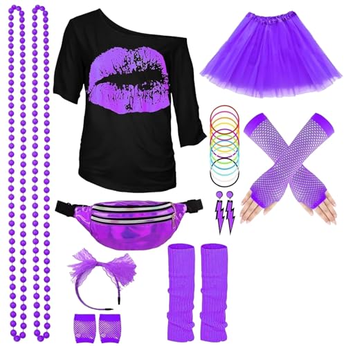 80er 90er Jahre Outfit Damen Karneval Netzshirt Damen Neon Stirnband, Ohrring, Halskette 80er Jahre Kleidung Kostüm Hippie Kostüm Set Damen Neon Aerobicbekleidung Theme Neon Party Karneval Fasch von HUOQI