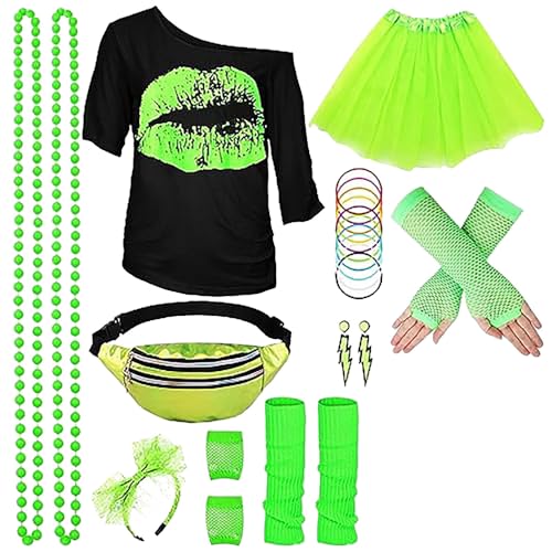 HUOQI 80er 90er Jahre Outfit Damen I Love 80s T-Shirt Neon Stirnband, Ohrring, Halskette Neon Accessoires Thema Mottoparty Accessoires Kleidung Karneval Cosplay Party Neon Party Karneval Fasching für von HUOQI