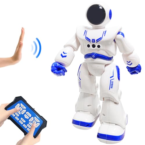 HUSAN Fernbedienungsroboter für Kinder, intelligenter programmierbarer Roboter mit Infrarot-Controller-Spielzeug, Tanzen, Singen, Moonwalking und LED-Augen, Gestenerkennungs-Roboter-Kit (Blau-) von HUSAN