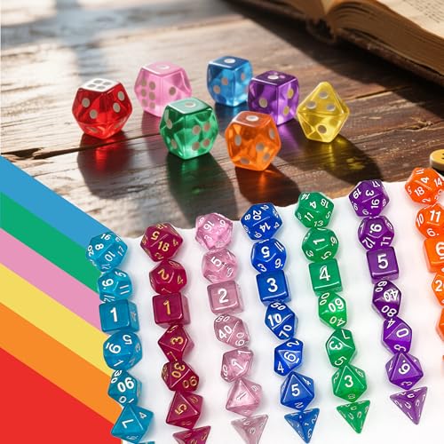 HUSHAX 49PCS Transparente Würfel, Mehrfarbige Würfel Set, Laufen Würfel, Polyeder Sieb, Goldfolie Werfen Würfel, Acryl Spielzeug, Angehörige Zahlen, geeignet für Schulparteien, Outdoor-Tischspiele von HUSHAX