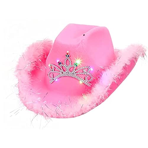 Cowboyhut mit rosa Krone, Cowboyhut aus Filz mit Lichtern, Flauschiger Disco-Cowgirl-Hut mit Federbesatz Damen, Cosplay-Party-Kostümzubehör mit Kordelzug am Hals Cowboyhut mit rosa Krone, Cowboyhut aus Filz mit Lichtern, Flauschiger Disco-Cowgirl-Hut mit Federbesatz Damen, Cosplay-Party-Kostümzubehör mit Kordelzug am Hals von HUSHUI