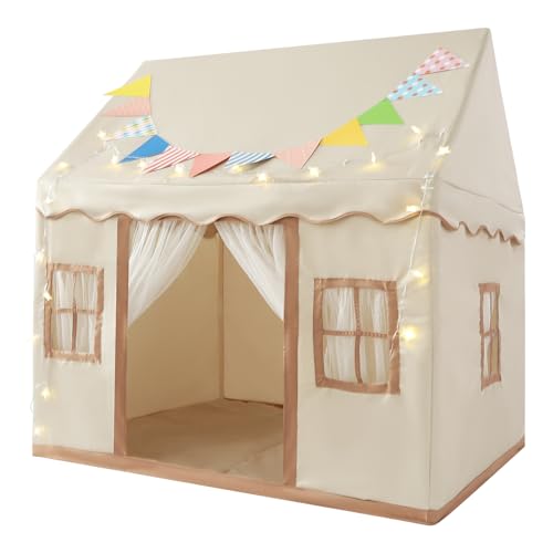 Kinderzelt - Tipi Zelt für Kinder mit Gepolsterter Matte, LED-Lichtern und Dekoration, Spielhaus für Kinder, Innenbettzelt für Kleinkinder, Kuschelecke für Mädchen & Jungen ab 3 Jahre, Khaki Kinderzelt - Tipi Zelt für Kinder mit Gepolsterter Matte, LED-Lichtern und Dekoration, Spielhaus für Kinder, Innenbettzelt für Kleinkinder, Kuschelecke für Mädchen & Jungen ab 3 Jahre, Khaki von HUSPOO