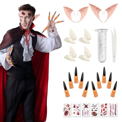 28 Stück Vampire-Set – 8 Vampir Zähne, 2 Paar Elfenohren, 6 Blätter Gesichtstattoo, 10 Fingernägel Schwarz, Hautfreundlich & Wiederverwendbar für Halloween, Party, Cosplay, Karneval & Theater 28 Stück Vampire-Set – 8 Vampir Zähne, 2 Paar Elfenohren, 6 Blätter Gesichtstattoo, 10 Fingernägel Schwarz, Hautfreundlich & Wiederverwendbar für Halloween, Party, Cosplay, Karneval & Theater von HUTRADE