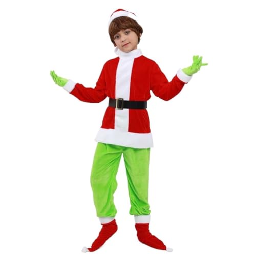 Christmas Children Green Hairy Monster Costume 6Pcs Santa Suit Cosplay Fancy Dress Outfits Xmas Party Full Set For Girls Boys Santa Outfit with Hat Belt Gloves Shoes Covers(130) von HUTRADE