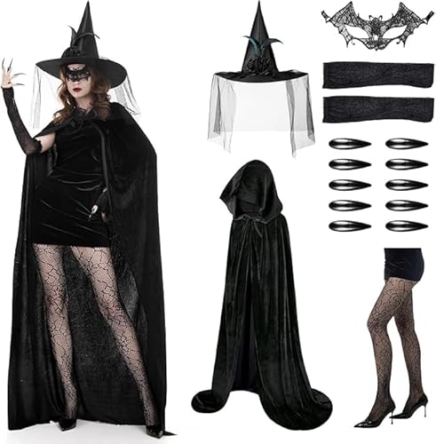 Deluxe Hexen-Kostüm Set für Damen, Schwarze Robe mit Umhang, Hut und Accessoires, Halloween-S Deluxe Hexen-Kostüm Set für Damen, Schwarze Robe mit Umhang, Hut und Accessoires, Halloween-S von HUTRADE