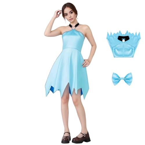 HUTRADE Betty Rubble Cosplay Costume,Cavewoman Betty Blue Halter Dress Costume with bow for Halloween (DE/NL/SE/PL, Alphanumerisch, XS, Regular, Regular, Blue) von HUTRADE