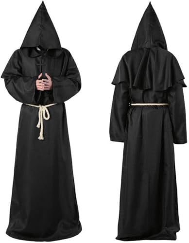 HUTRADE Black Priest Monk Robe Costume，Mittelalterlicher Mönchskutte Kostüm, mit Kapuze und Kordel （L） von HUTRADE