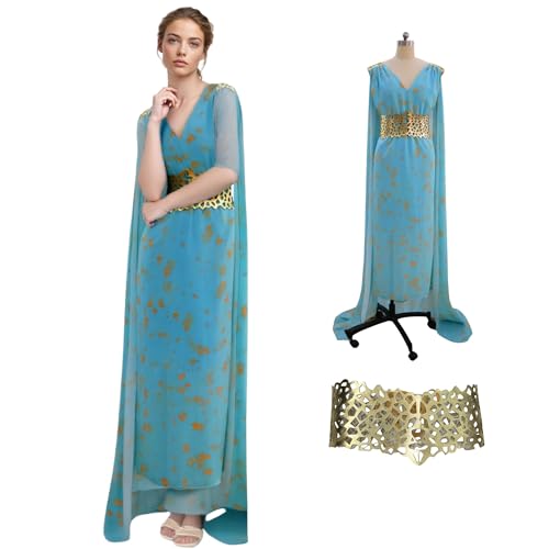HUTRADE Dragon Mother Costume Cosplay, GOT Cosplay Outfit, Blue Long Dress with Robe and Golden Belt for Halloween (BLUE, XXL) von HUTRADE
