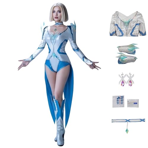 HUTRADE Emma Frost White Queen Cosplay Kostüm, Superheld Spiel Cosplay Outfit Bodysuit mit aufdrückbaren Nägeln für Halloween Karneval Party (Weiß und Blau, L) von HUTRADE