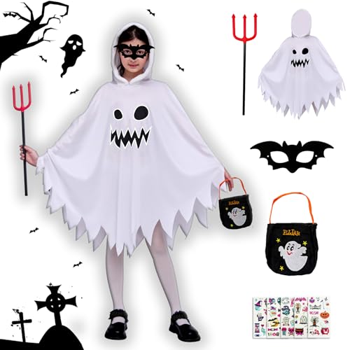 HUTRADE Geist Kostüm Kinder 7–14 Jahre – Weiß Leuchtender Umhang mit Geisterhandtasche, Teufelsgabel und Gläser, Gespenst Outfit für Halloween, Karneval, Motto-Party & Cosplay – Unisex (L) von HUTRADE