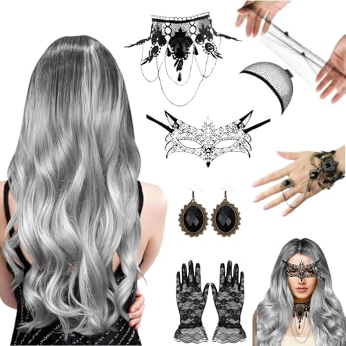 HUTRADE Gothic Halloween Kostüm Set, Silbergraue Langhaar-Perücke, Spitzenmaske, Schwarze Spitzenhandschuhe, Vintage Ohrringe, Halsband HUTRADE Gothic Halloween Kostüm Set, Silbergraue Langhaar-Perücke, Spitzenmaske, Schwarze Spitzenhandschuhe, Vintage Ohrringe, Halsband von HUTRADE