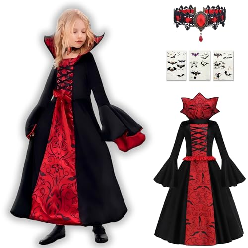 HUTRADE Halloween Kostüm Vampir Mädchen – Schwarz-Rotes Vampirkleid mit Stehkragen, Halskette & 3 Halloween Sticker, Dracula Kleid für Karneval, Fasching, Cosplay & Halloween, Kinder 4–12 Jahre (L) HUTRADE Halloween Kostüm Vampir Mädchen – Schwarz-Rotes Vampirkleid mit Stehkragen, Halskette & 3 Halloween Sticker, Dracula Kleid für Karneval, Fasching, Cosplay & Halloween, Kinder 4–12 Jahre (L) von HUTRADE