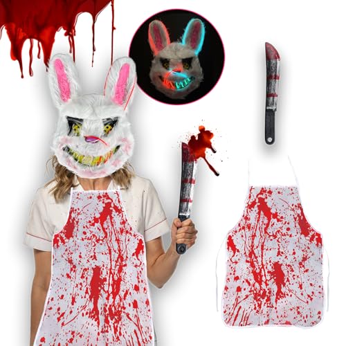 HUTRADE Halloween Maske Hase – Horror Hasenmaske mit 3 Blitzmodi, Blutiger Schürze & Halloween Messer, Gruseliges Komplett-Set für Erwachsene & Jugendliche, Ideal für Kostümparty & Cosplay von HUTRADE