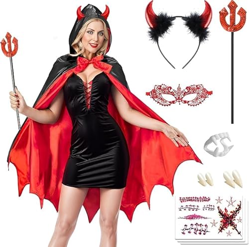 HUTRADE Halloween Teufel Kostüm Damen Komplett-Set–schwarz-rot mit Umhang 80 cm & Kapuze,Hörner-Haarreif & Dreizack–Verkleidung für Damen zu Halloween,Karneval,Cosplay & Motto-Party HUTRADE Halloween Teufel Kostüm Damen Komplett-Set–schwarz-rot mit Umhang 80 cm & Kapuze,Hörner-Haarreif & Dreizack–Verkleidung für Damen zu Halloween,Karneval,Cosplay & Motto-Party von HUTRADE