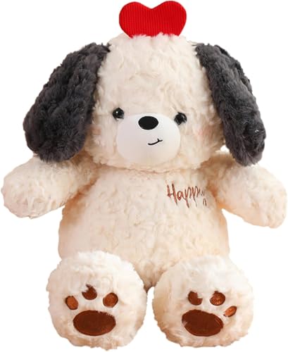 HUTRADE Kuscheltier 'Liebender Hund' mit rotem Herz – Weiches, süßes Hundepuppen-Plüschtier als Geschenk für Kinder, Freundin (Elfenbein, 25 cm) von HUTRADE