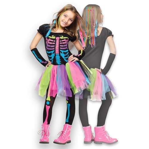HUTRADE Buntes Skelett Kostüm Mädchen Kinder, Knochen Halloween Dress Mädchen Skelett Deluxe Grim ReaperKostüm Set mit Haarverlängerungen, Geisteres Tutu Kleid für Karneval, Cosplay Party (S) von HUTRADE