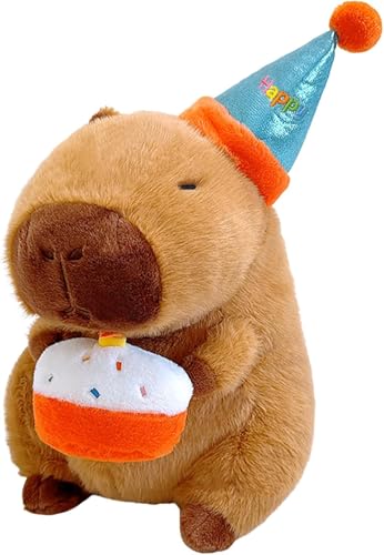 HUTRADE Niedliches Capybara-Plüschtier mit Geburtstagshut, das einen Kuchen hält – Weiches Capybara-Kuscheltier als Geschenk zur Geburtstagsfeier, Deko für Kinder, Braun, 21 cm (8,6 Zoll) von HUTRADE