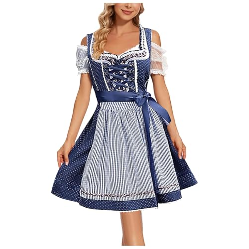 HUTRADE Oktoberfest-Kostüm For Damen, German Oktoberfest Maid Dress Lace Short Sleeve Square Neck Mid Swing Carnival Traditional Performance Costume(Navy,L) von HUTRADE