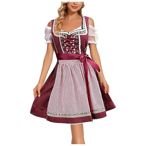 HUTRADE Oktoberfest-Kostüm For Damen, German Oktoberfest Maid Dress Lace Short Sleeve Square Neck Mid Swing Carnival Traditional Performance Costume(Wine red,XXL) von HUTRADE