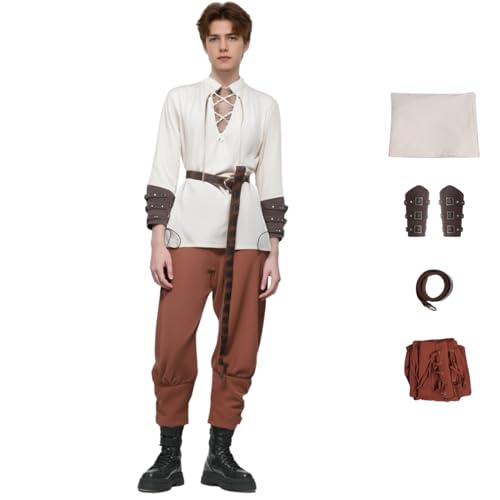 HUTRADE Piraten Cosplay Kostüm Herren, Mittelalter Piraten Kapitän Kostüm Set mit Armband für Halloween Party (Braun, XXL) von HUTRADE