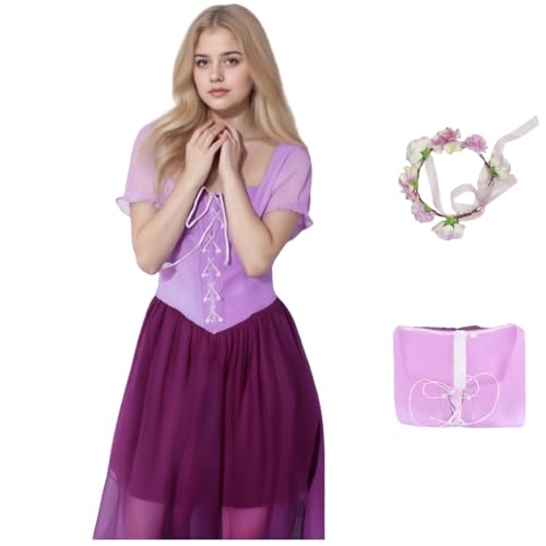 HUTRADE Rapunz Cosplay Kostüm Magische Prinzessin Cosplay Outfit Langes Kleid mit Kranz für Halloween Karneval Party (Rosa, XS) von HUTRADE