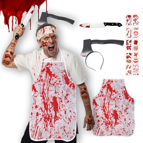 Halloween Metzger Kostüm Set – Blutige Schürze, Axt Stirnband, Blutmesser & 10 Narben Tattoos – Horror Cosplay Outfit für Erwachsene Männer Damen, Party Verkleidung & Cosplay Requisite Halloween Metzger Kostüm Set – Blutige Schürze, Axt Stirnband, Blutmesser & 10 Narben Tattoos – Horror Cosplay Outfit für Erwachsene Männer Damen, Party Verkleidung & Cosplay Requisite von HUTRADE