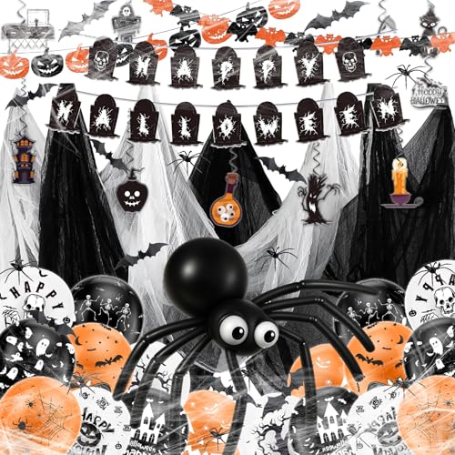 Halloween Deko Set -Gruseliges Horror Party Dekor Set mit Riesen-Spinnennetzen & 12 Zoll Latexballons, Kürbis Folienballon, Fledermaus Aufklebern - Perfekt für Unheimliche Halloween Deko Innen & Außen von HUTRADE