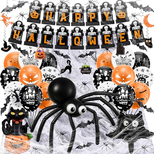 Halloween Deko Set, Horror Party Deko Mit 12 Zoll Latexballons, Kürbis Folienballon, Fledermaus, Unheimliche Halloween Party Deko für Innen & Außen | Mit Gruseligen Spinnennetzen von HUTRADE