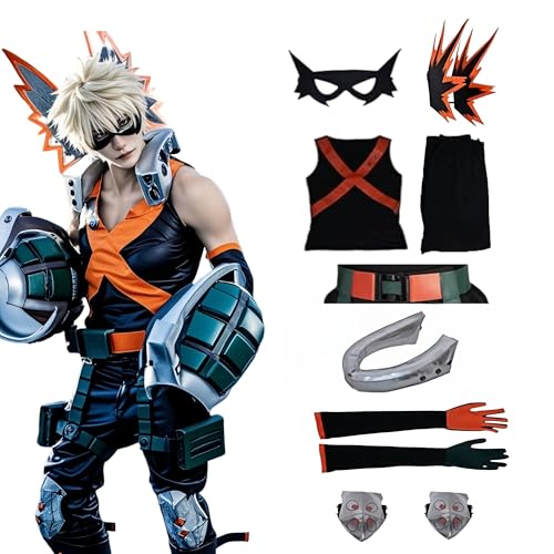 MHA Bakugou Cosplay-Kostüm, Bakugo Midoriyas Freund und starker Gegner Kampfanzug-Kostüm, Akademia Boku No Hero Cosplay-Kostüm, komplettes Set, Outfit Overall für Halloween (Orange + Schwarz, L) von HUTRADE