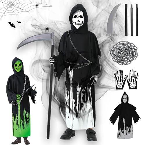 Sensenmann Kostüm Kinder – Leuchtendes (Glow-in-the-Dark) Kostüm Sensenmann mit Maske, Umhang, Handschuhen, Kette & Sense, für Halloween Kostüm Kinder 7–14 Jahre, Karneval, Cosplay, Mottoparty von HUTRADE