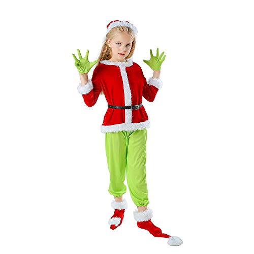 Weihnachtskostüm For Kinder, Grünes Haariges Monster, Cosplay Weihnachtsmann-Outfit, Kostüm, Halloween-Party Kleidung Weihnachtsfeier Komplettes Set For Mädchen Jungen(With mask,160) von HUTRADE
