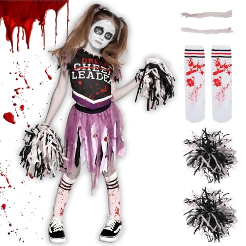 Zombie Cheerleader Halloween KostüM Kinder, MäDchen Blutiger CheerleaderkostüM Set EnthäLt Realistische Blutbefleckte StrüMpfe, Zwei Hortensien, 1 Zombie-Stirnband FüR Halloween Party Cosplay(L) von HUTRADE